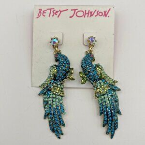 Betsey Johnson Earrings Keeping Up With The Critters Peacock Bird Teal Crystal